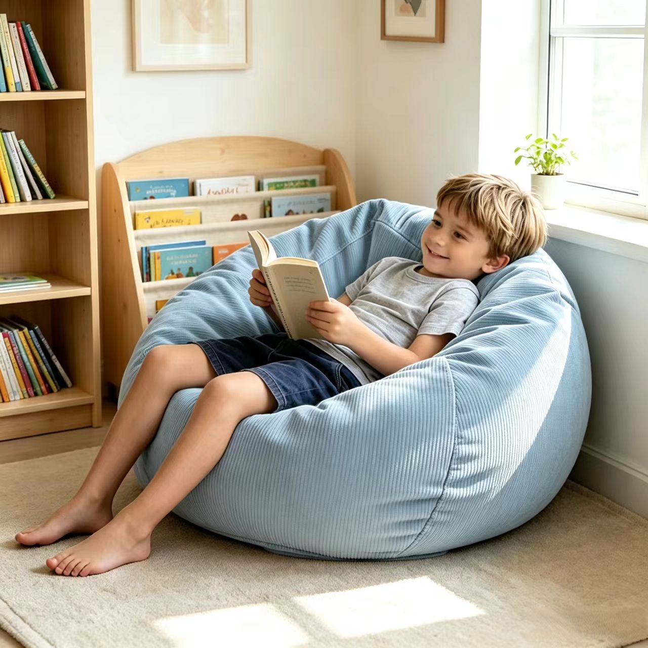 Round Bean Bag Chair for Kids & Teens – Shredded Foam Filled Floor Lounger – Comfy Reading Chair for Living Room & Dorm